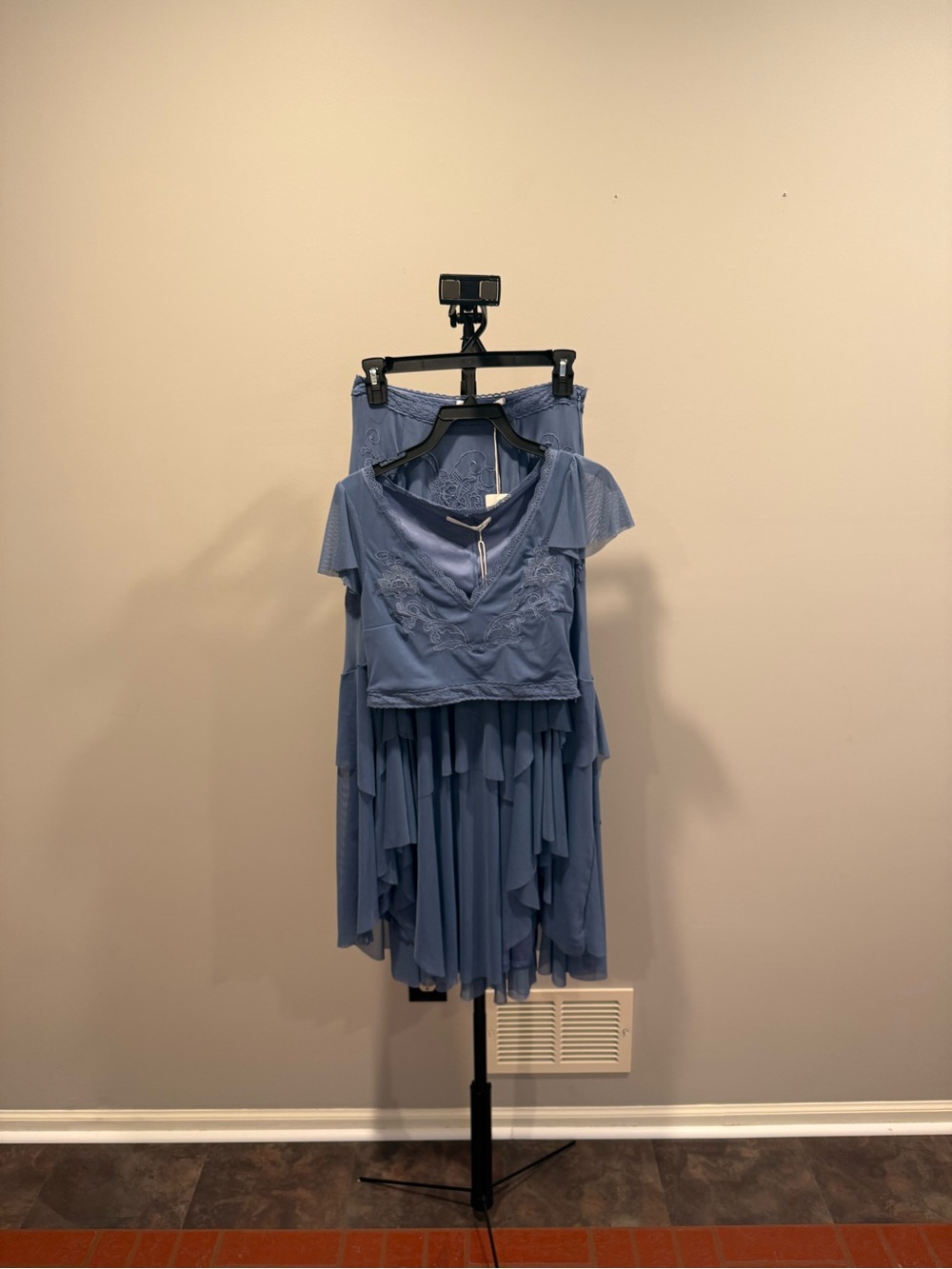 Altar'd State Dusty Blue Asymmetrical Embroidered Maxi Skirt and Top Set - Picture 4 of 6